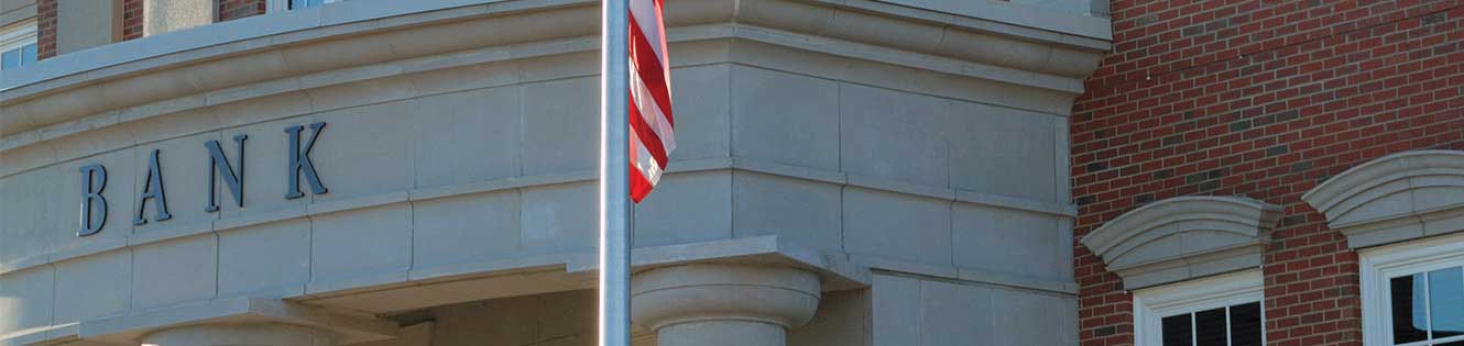 Front facade of a bank building.